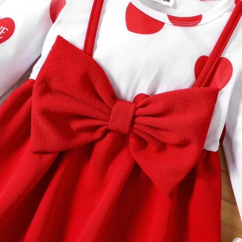NWT-Baby Girl Red Love Heart Print Long-sleeve Splicing Bowknot Dress - Picture 2 of 4